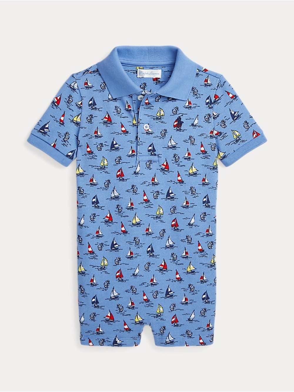 Ralph Lauren Baby Boy Sailboat Print Cotton Mesh Polo Shortall Romper - 6M - NWT